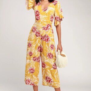 Lulus Garden's Glory Mustard Yellow Floral Print Culotte Jumpsuit Size XL